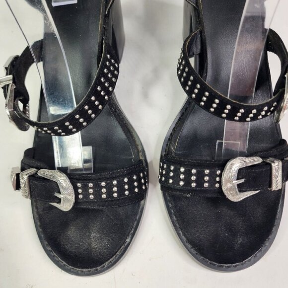 ASOS Western Studded Open Toe Strappy Chunky Heels Womens Size 7 Black Silver - Picture 7 of 14